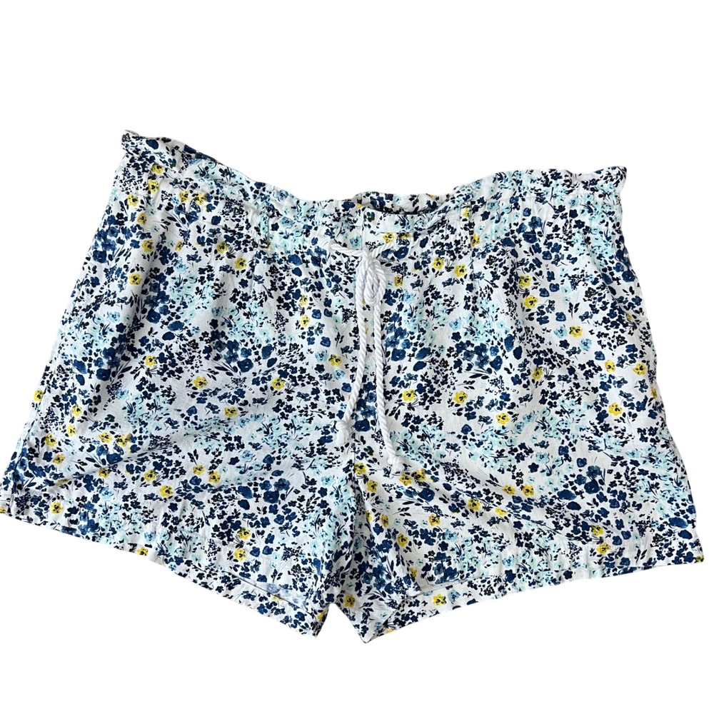 a.n.a Womens 2X Blue Floral Linen Blend Pull On Shorts Rope Drawstring White